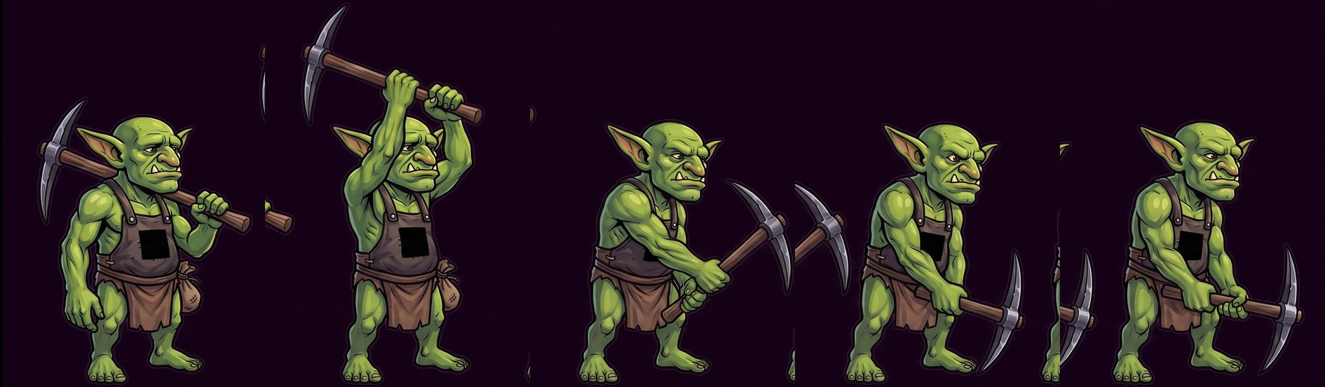 Ein grüner Goblin mit Spitzhacke in fünf Bewegungsbildern: schultern, ausholen, zuschlagen