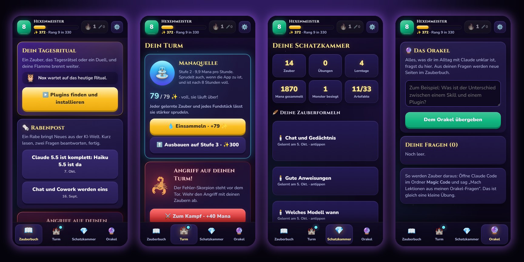Vier Handy-Ansichten von Magic Code: Tagesritual mit Rabenpost, der Turm mit Manaquelle und Skorpion-Angriff, die Schatzkammer mit gelernten Zaubern und das Orakel