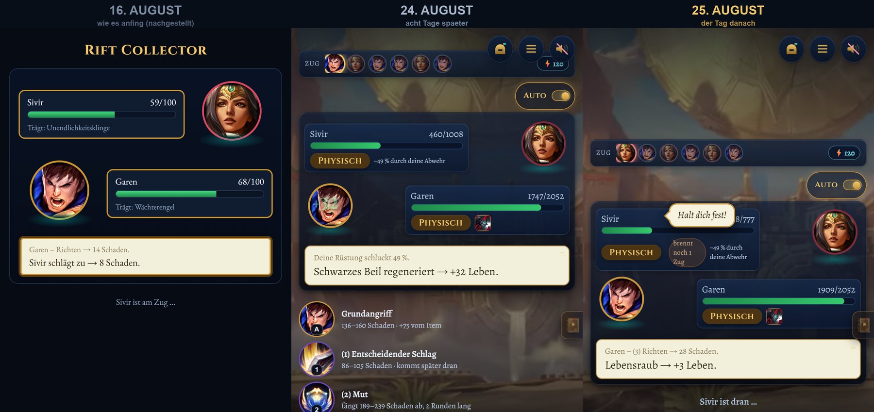Derselbe Kampf zu drei Zeitpunkten nebeneinander: links zwei nüchterne Balken, in der Mitte und rechts ein volles Spiel mit Bildern, Fähigkeiten und Anzeigen